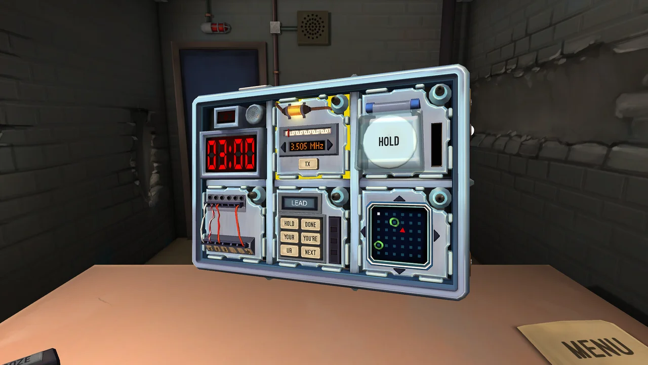 Keep Talking and Nobody Explodes electronic bomb suitcase showing digital countdown timer and module panels