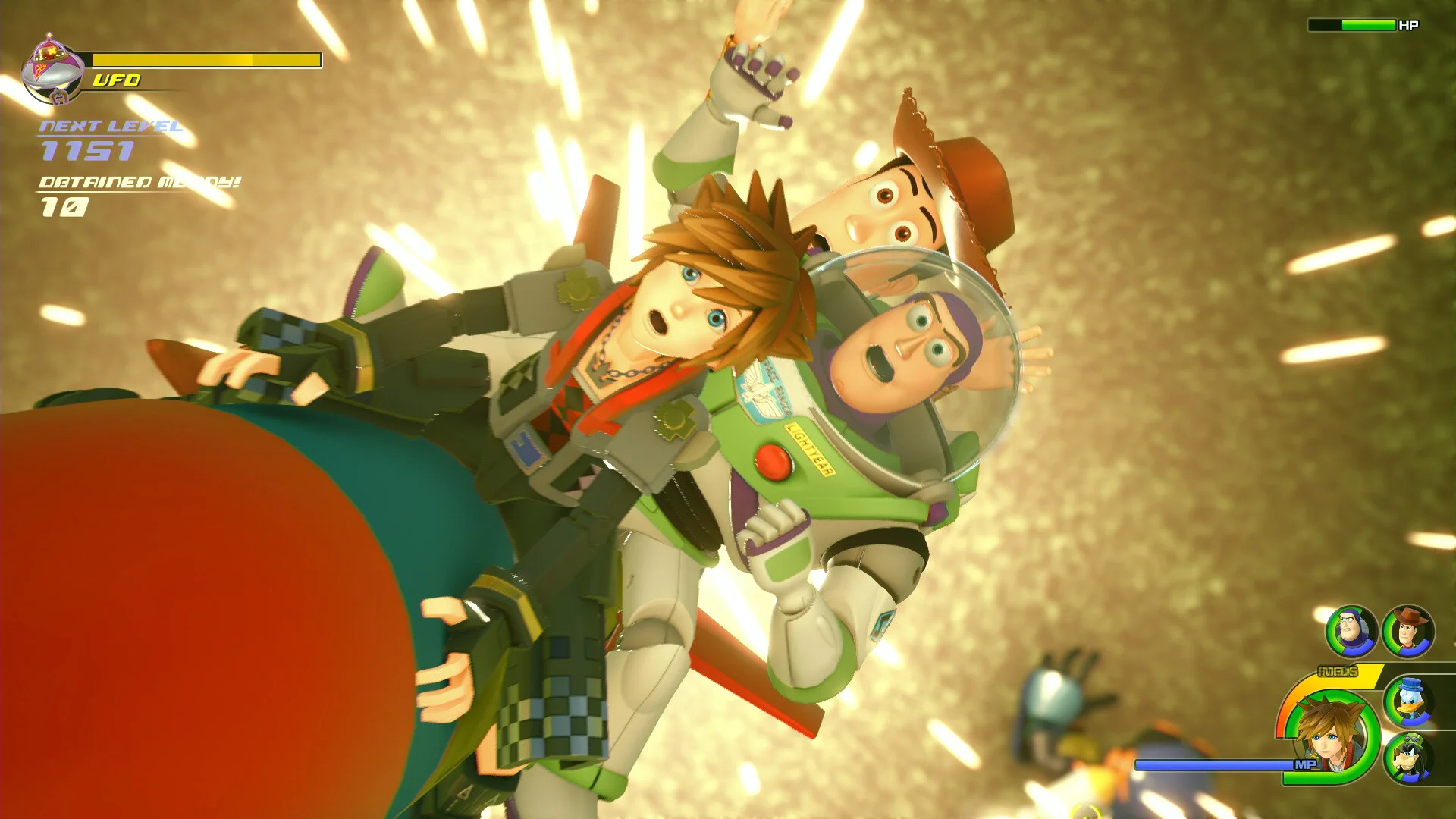 Sora piloting a toy mech during explosive combat in the Toy Box world of Kingdom Hearts III