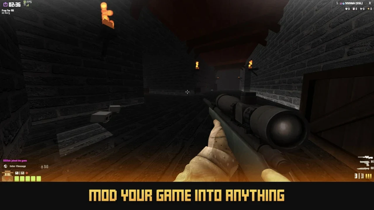 Krunker retro voxel FPS combat showing fast slide hopping and sniper duel