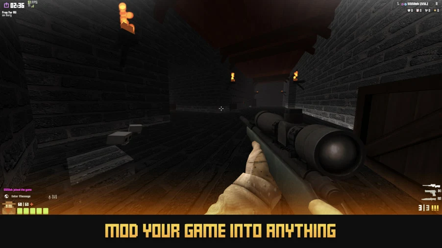 Krunker retro voxel FPS combat showing fast slide hopping and sniper duel