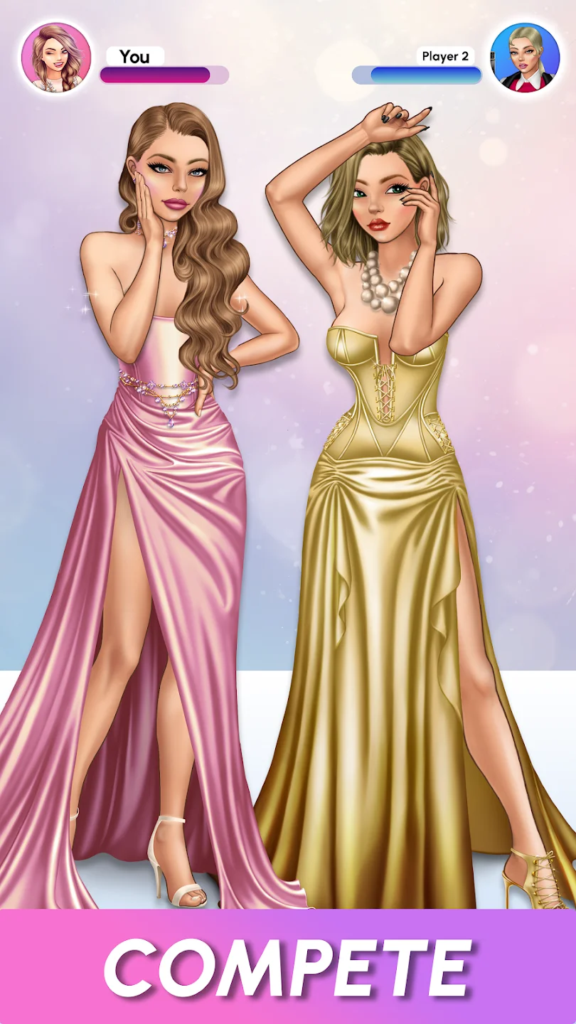 Fashion arena duel screen showing two glamorous models competing in evening gowns, one in satin pink and the other in metallic gold