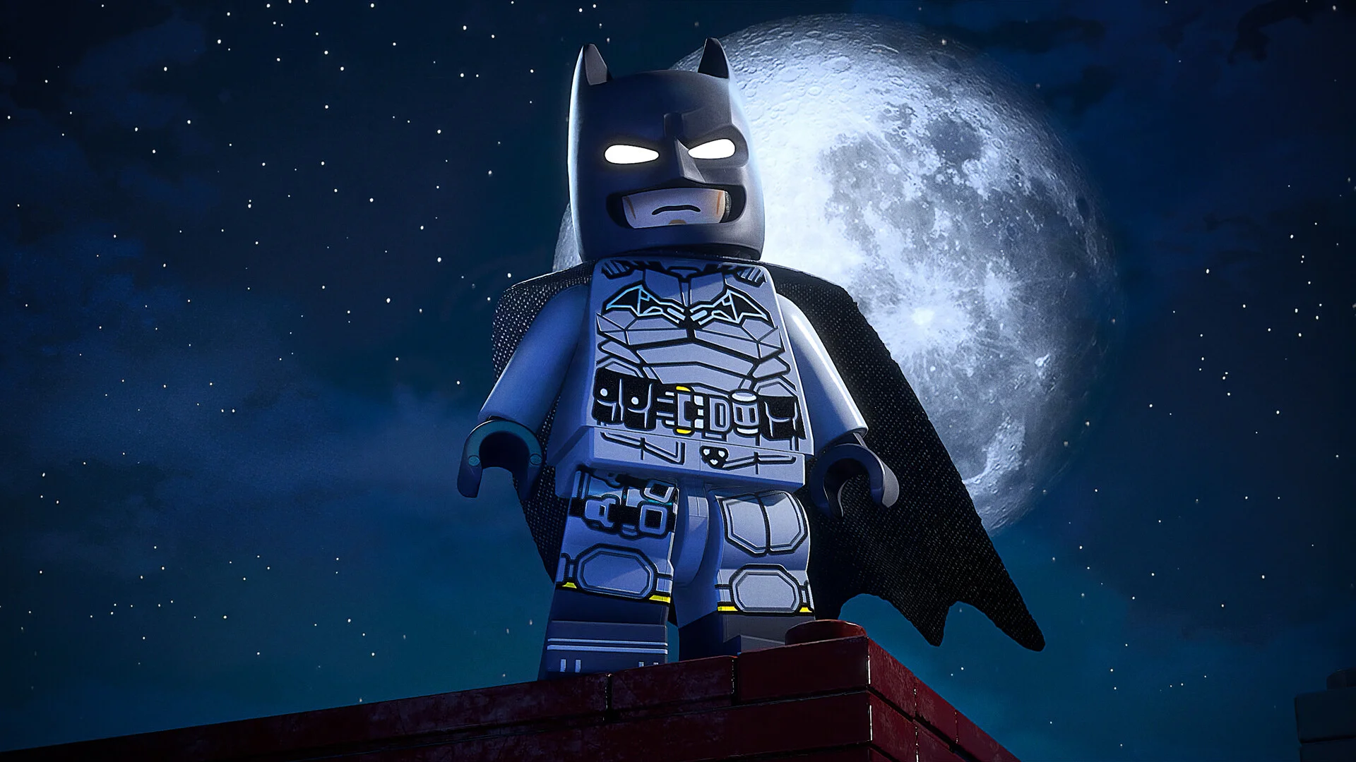 Gameplay screenshot of LEGO Batman: Legacy of the Dark Knight showing Batman gliding and fighting henchmen across open-world Gotham streets