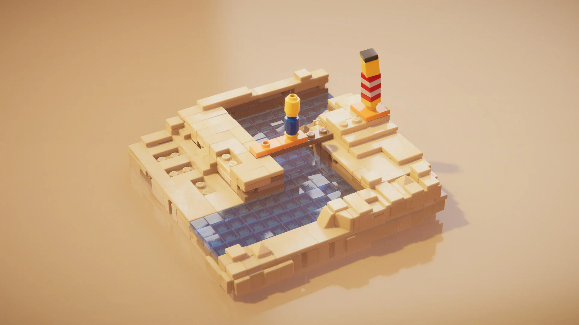 Atmospheric miniature brick diorama with realistic lighting and geometric stepping stones in LEGO Builder's Journey