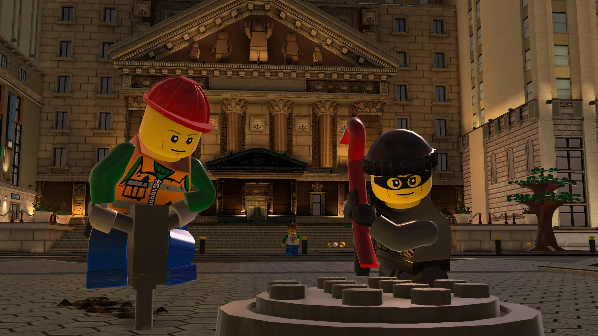 Chase McCain driving a sports car through crowded downtown streets in LEGO City Undercover