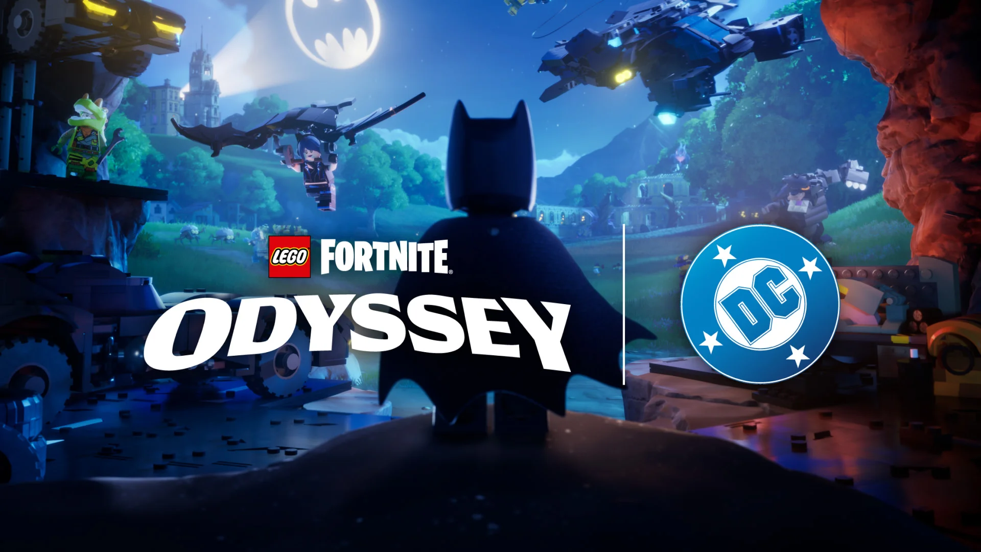 Minifigures gathering timber and assembling wooden shelters in the wild biomes of LEGO Fortnite Odyssey