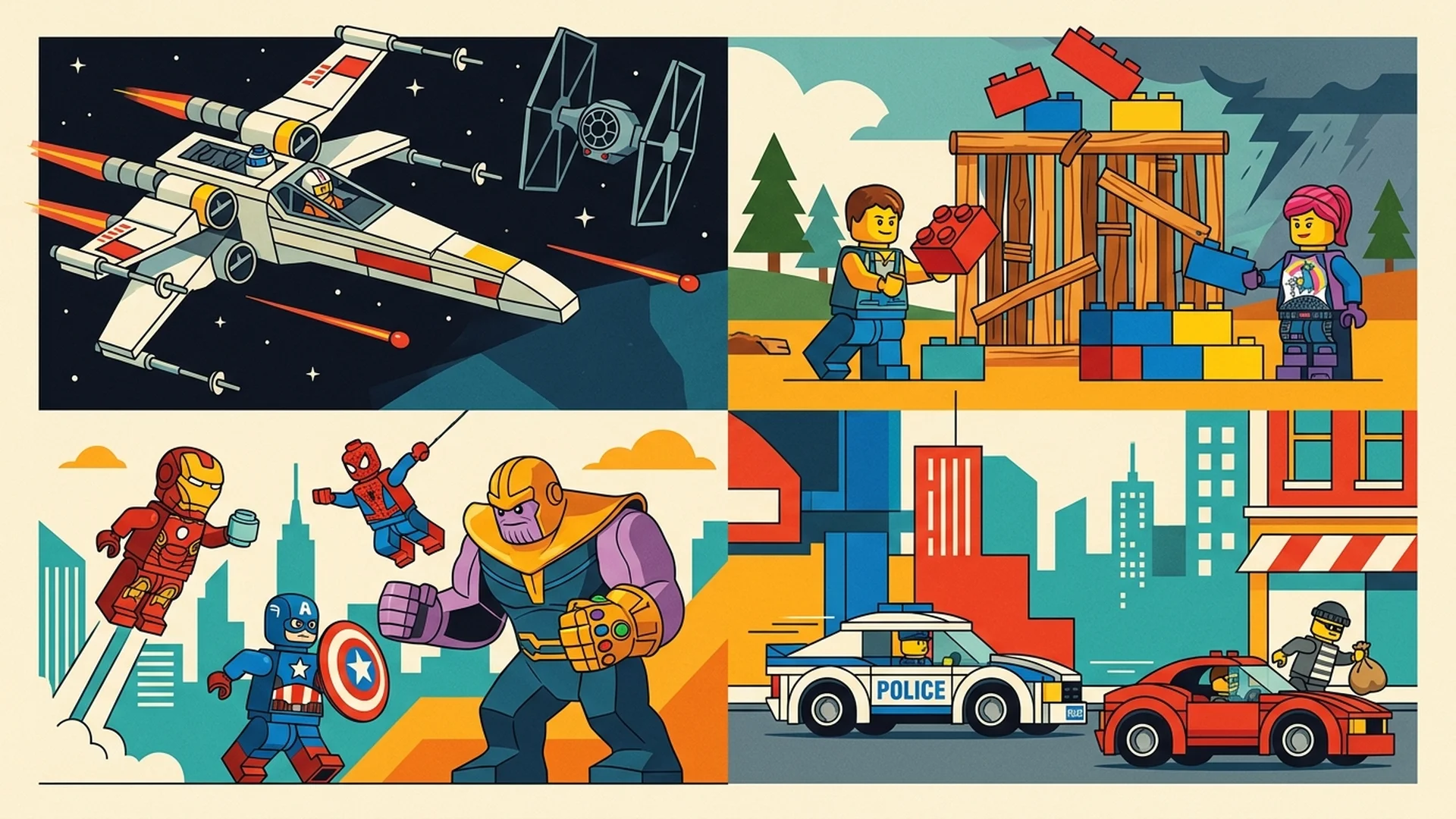 Editorial illustration showcasing LEGO games for Chromebook and Googlebook featuring Star Wars, Fortnite, Marvel, and LEGO City panels