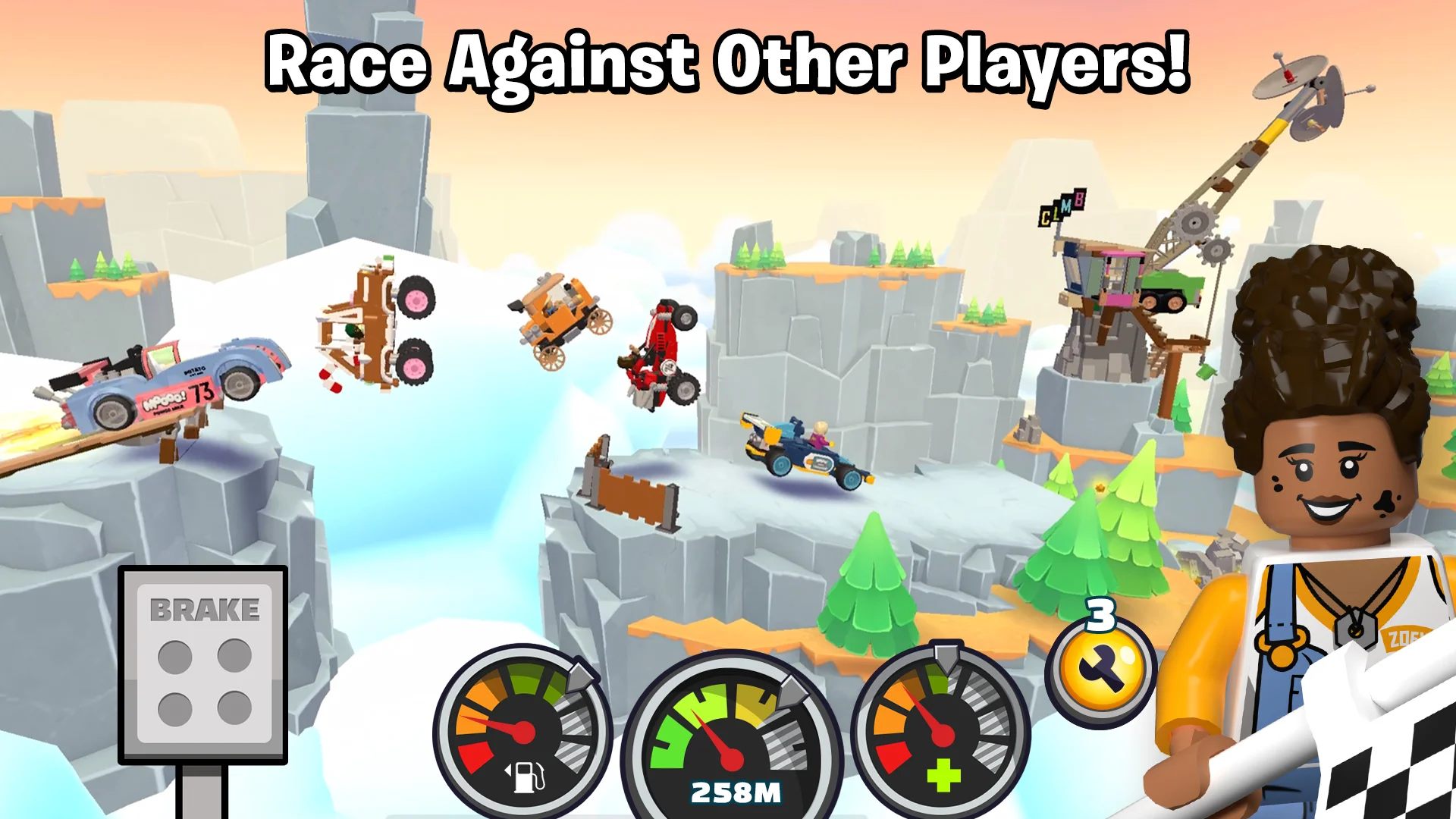 Custom plastic vehicle bouncing over rugged hills and collecting golden studs in LEGO Hill Climb Adventures