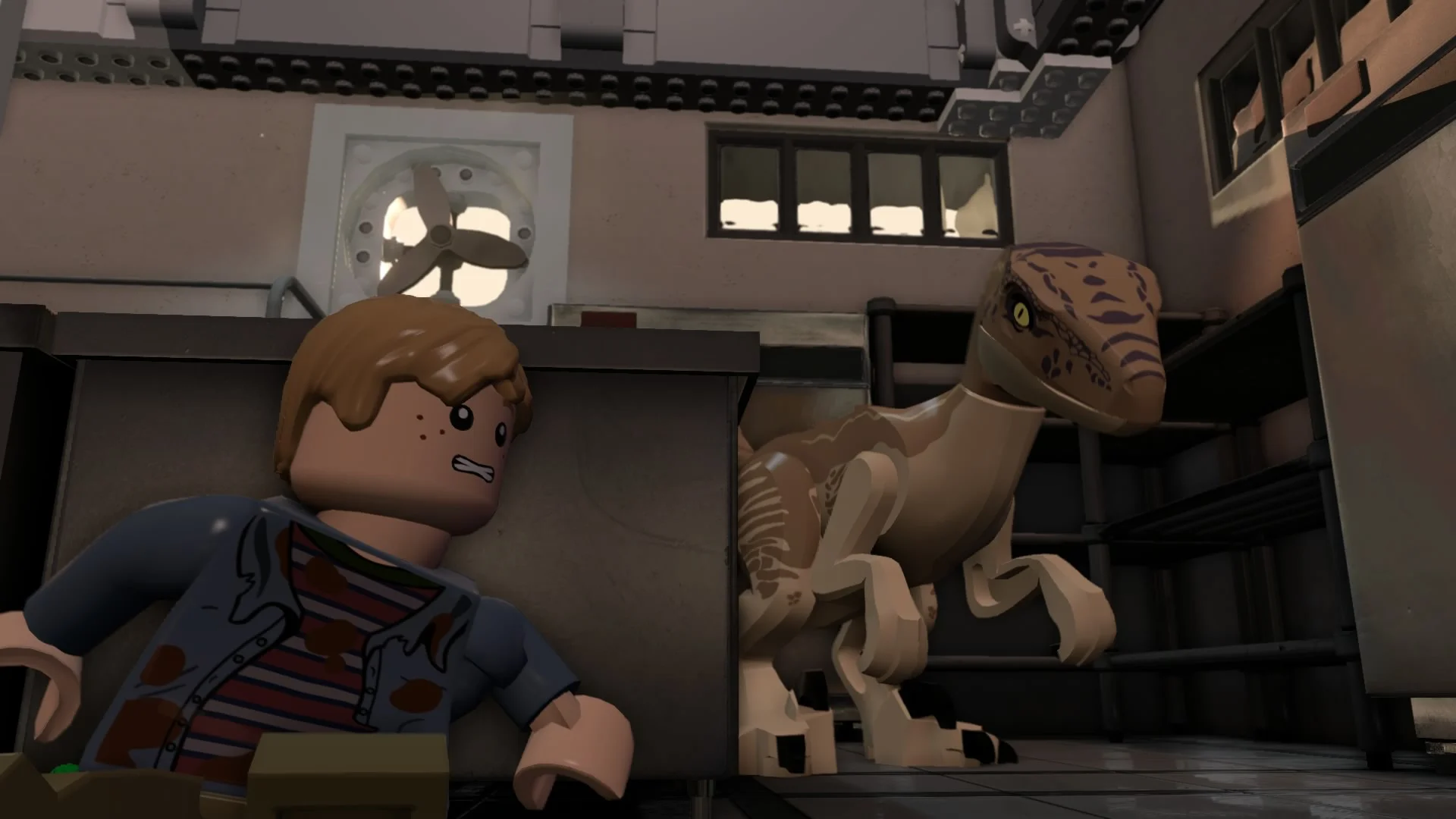Alan Grant and Ian Malcolm evading a LEGO Tyrannosaurus Rex in LEGO Jurassic World