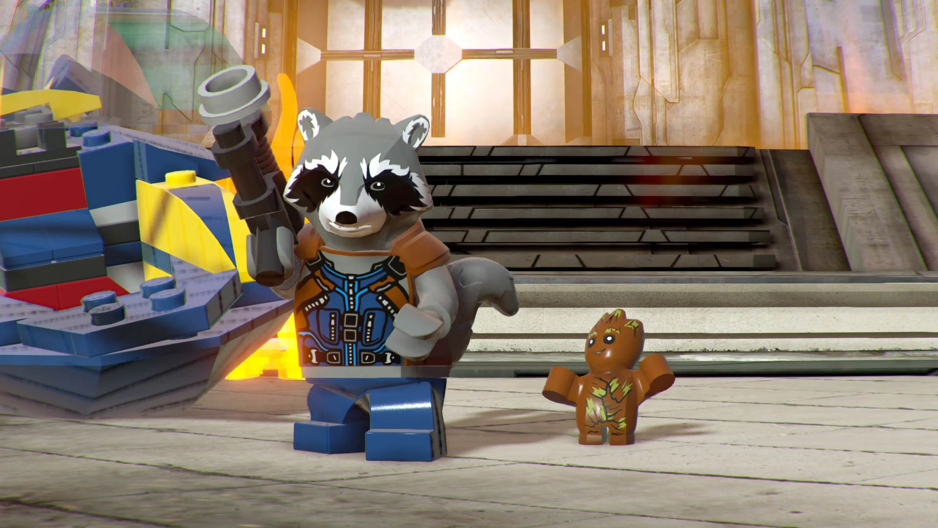 Captain America and Star-Lord battling Kang the Conqueror in Chronopolis in LEGO Marvel Super Heroes 2
