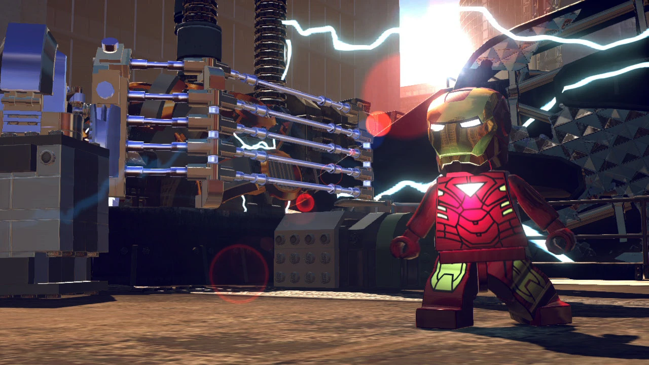 Iron Man and the Hulk standing in the open-world Manhattan city hub in LEGO Marvel Super Heroes