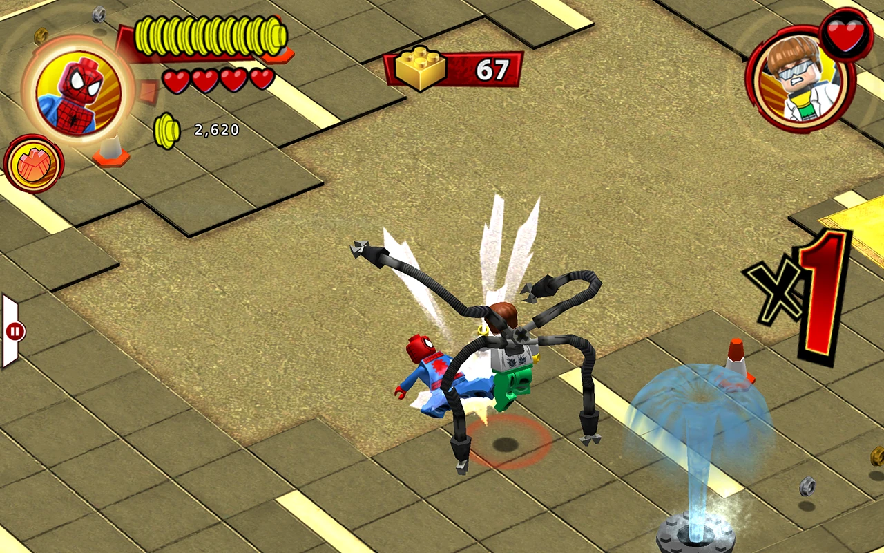 Isometric action gameplay in LEGO Marvel Super Heroes: Universe in Peril showing superhero combat on a rooftop