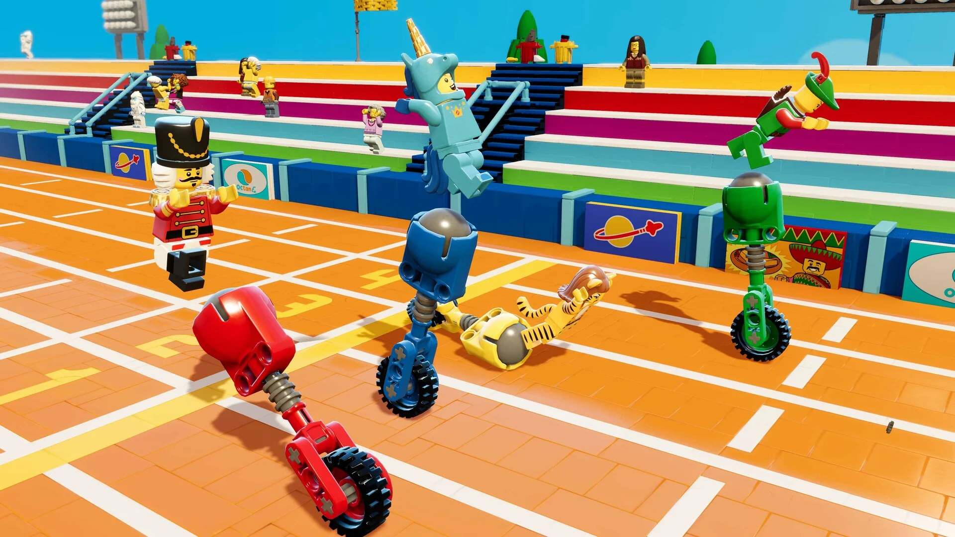 Four custom minifigures competing in a wild obstacle course arena in LEGO Party!