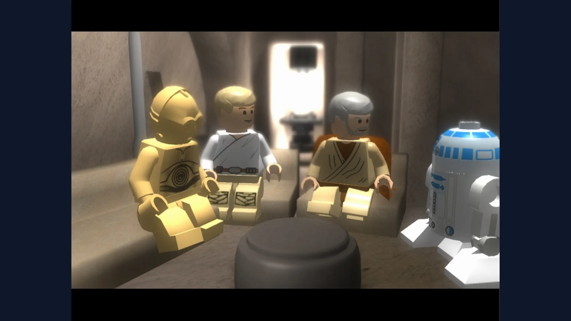 Classic Mos Eisley cantina character selection and lightsaber action in LEGO Star Wars: The Complete Saga
