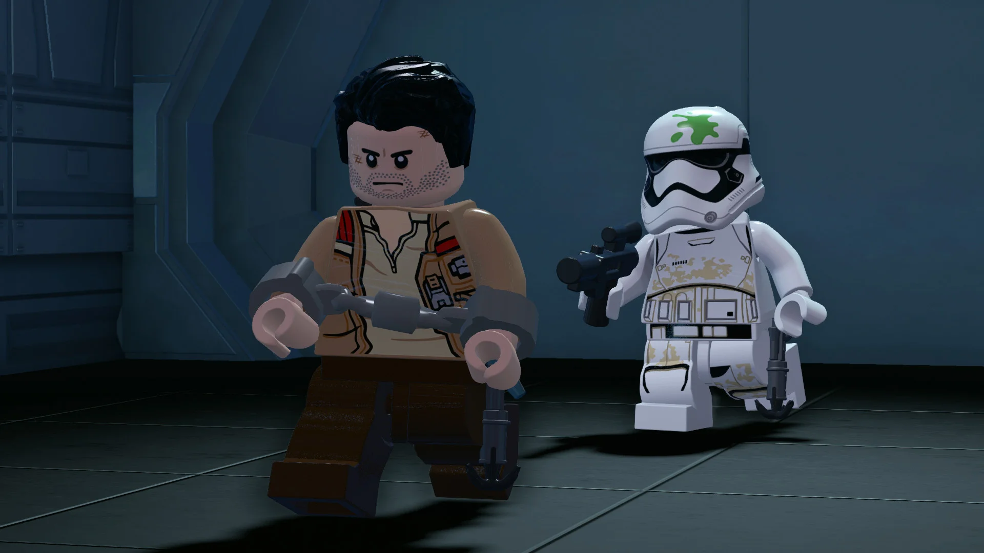 Rey and BB-8 taking cover during blaster battles on Jakku in LEGO Star Wars: The Force Awakens