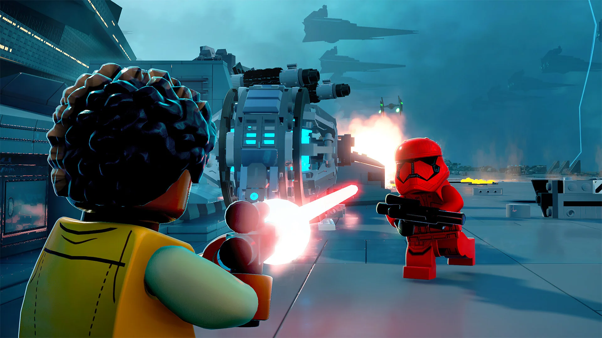 Third-person lightsaber duel and space battles across cinematic planets in LEGO Star Wars: The Skywalker Saga