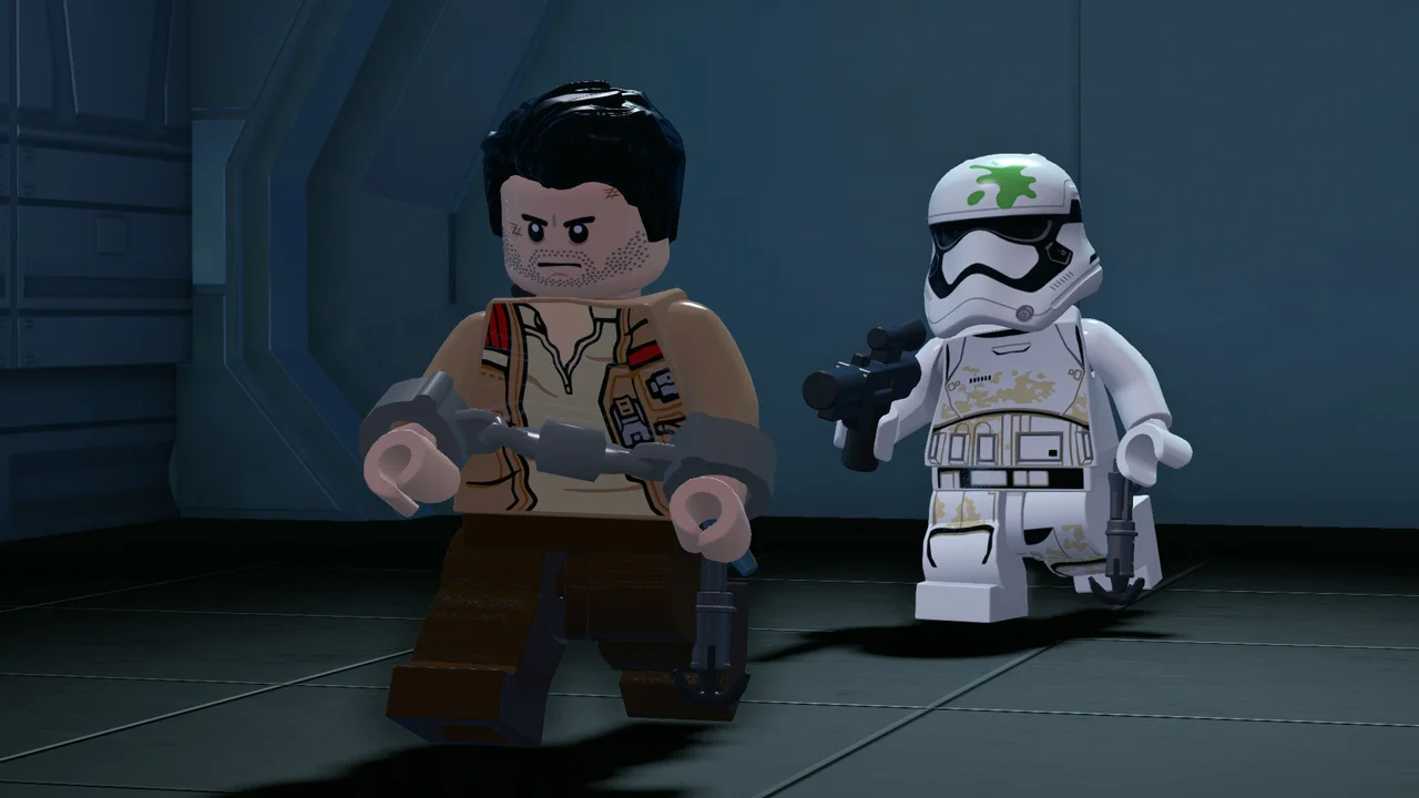 Rey and BB-8 taking cover in dynamic multi-build blaster firefights in LEGO Star Wars: The Force Awakens