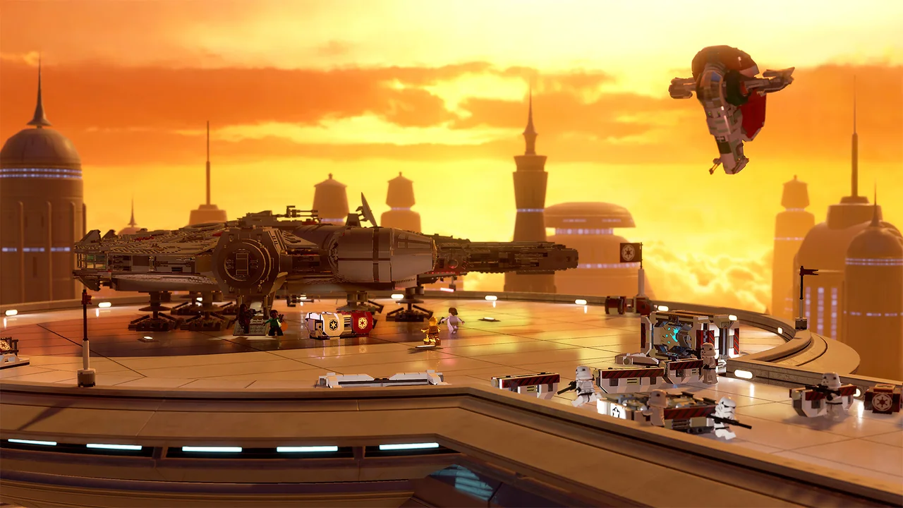 Third-person over-the-shoulder LEGO blaster and lightsaber action across the galaxy in LEGO Star Wars: The Skywalker Saga