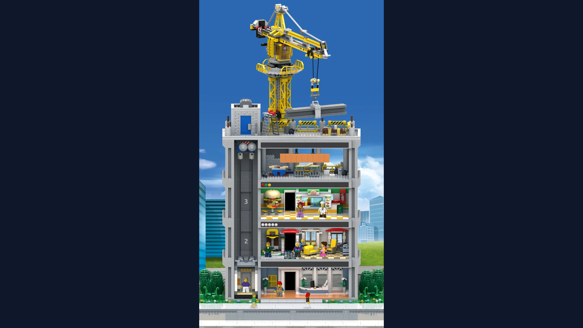 Managing multi-story apartment and commercial floors with minifigure residents in LEGO Tower