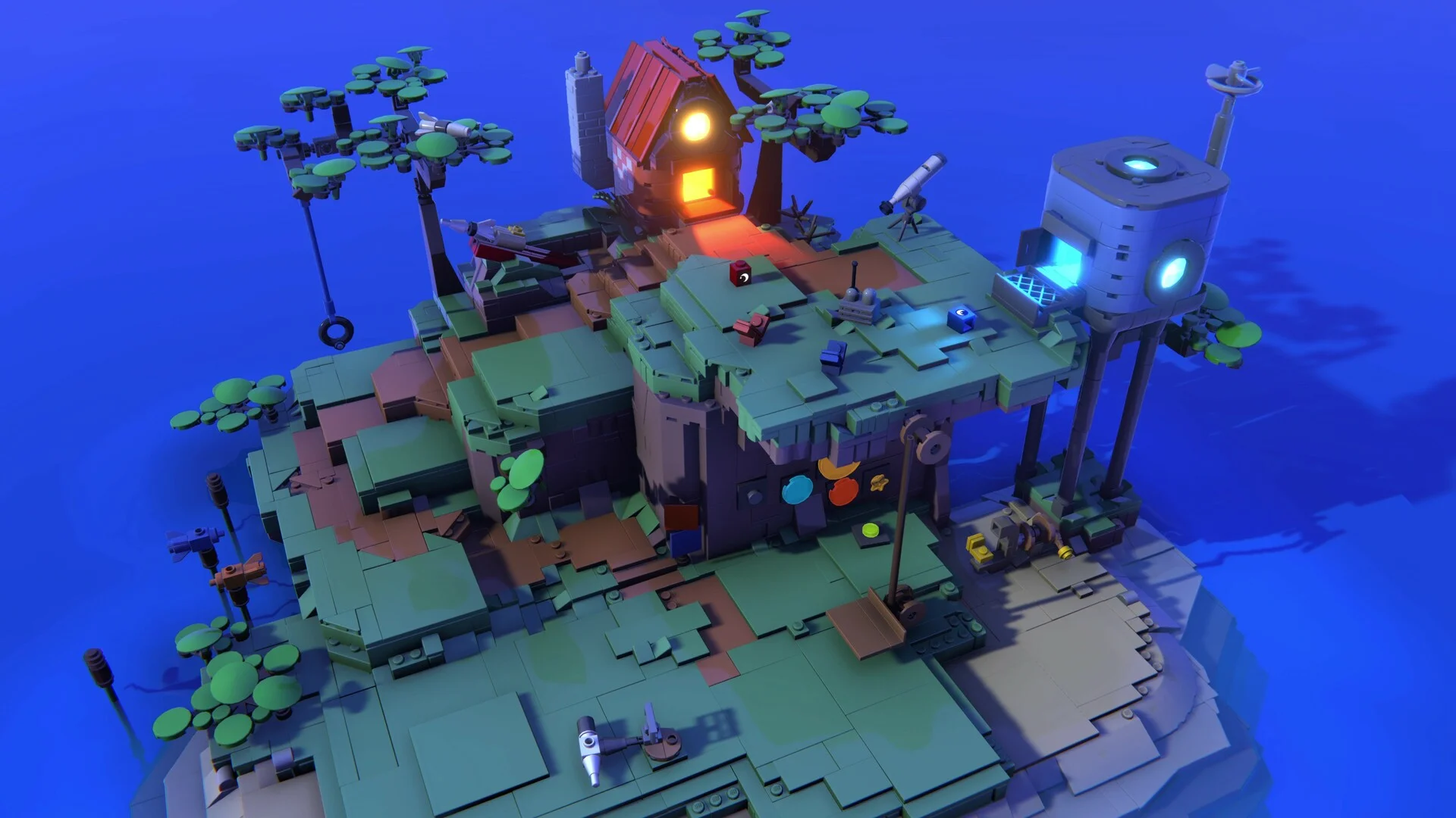 Two robotic explorer minifigures cooperating across alien brick cliffs in LEGO Voyagers