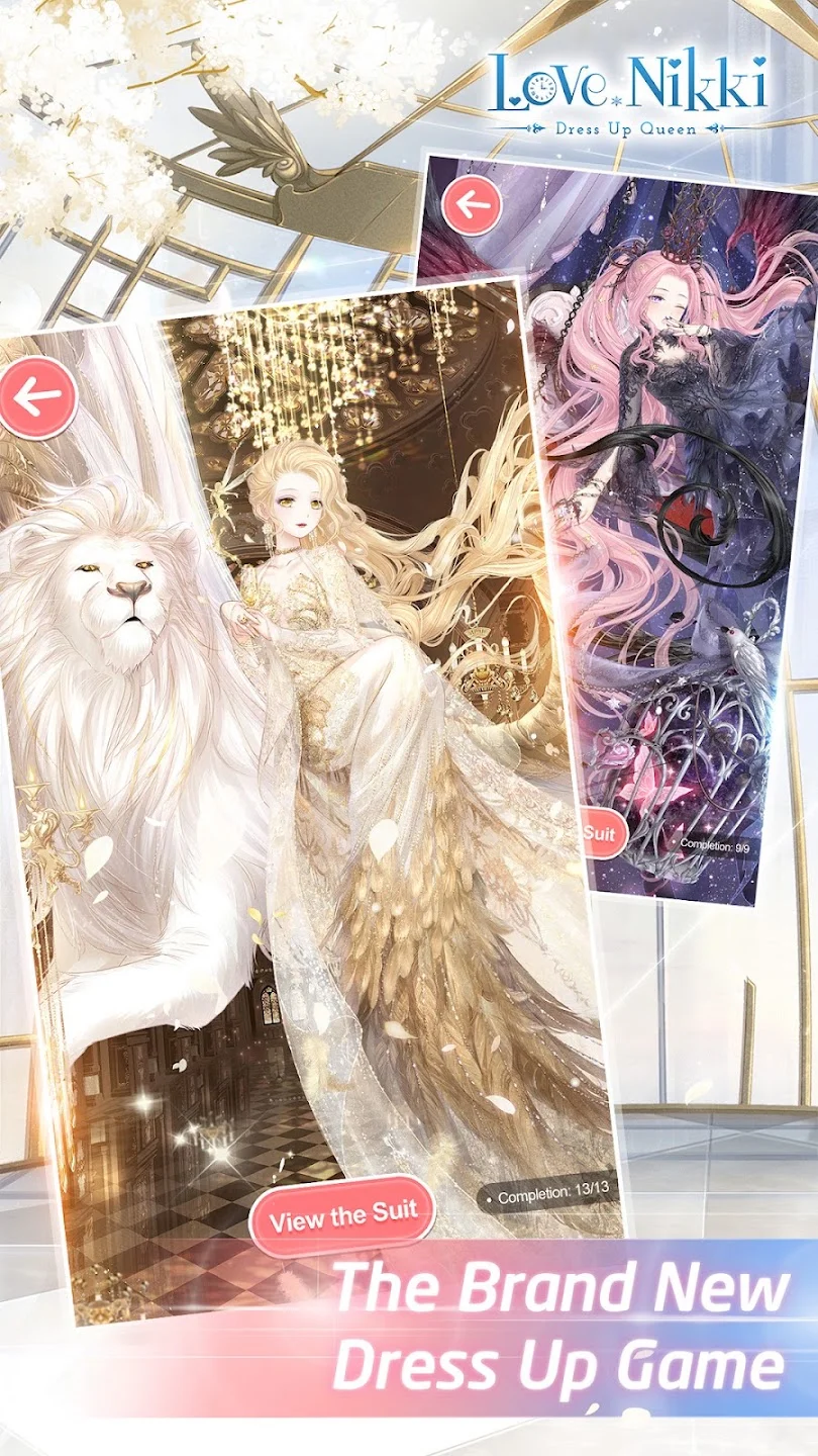 Two ornate story suits showcased including a golden feathered gown with a regal white lion and a gothic feathered cage ensemble