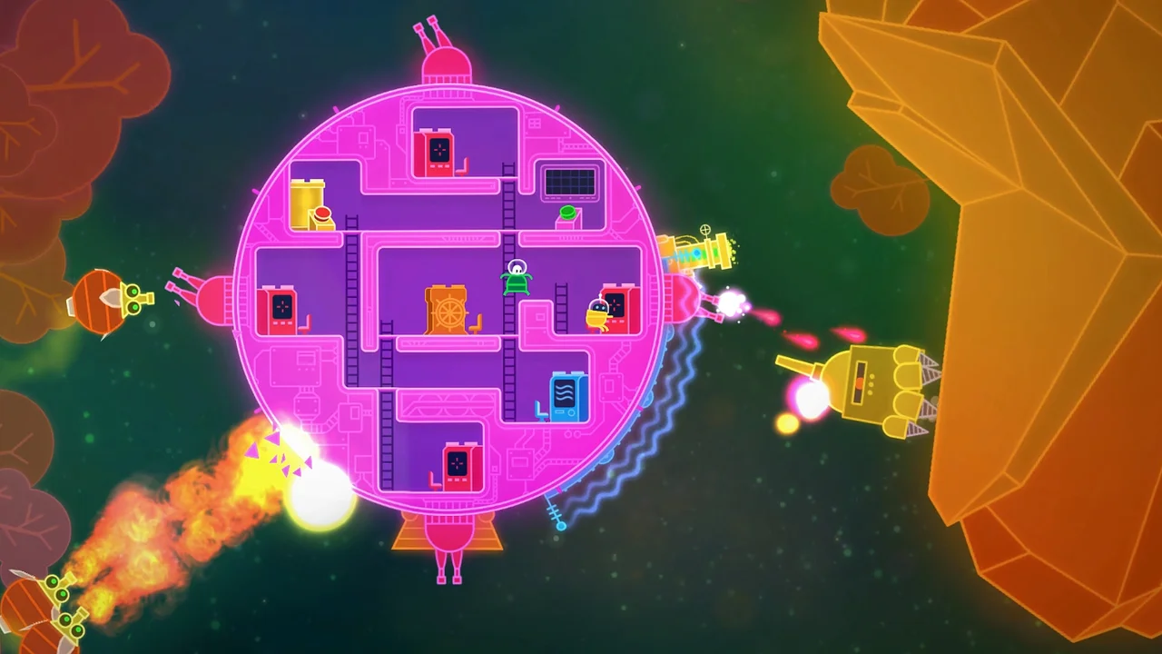 Lovers in a Dangerous Spacetime cross-section of a round pink spaceship firing laser turrets in space