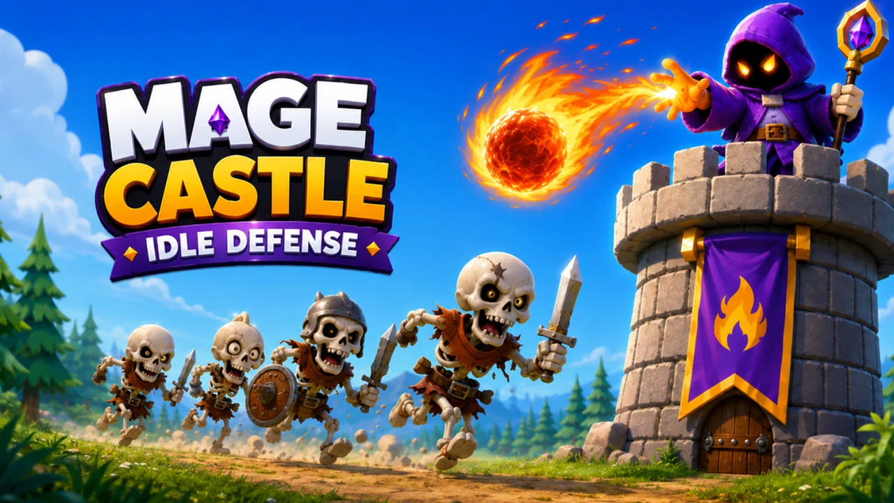 Mage Castle Idle Defense arcane wizard perched on tower casting elemental spells at invading monsters