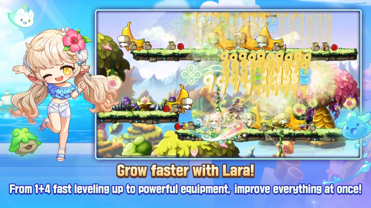 MapleStory M side-scrolling boss raid party fighting the multi-armed Zakum statue with colorful skill barrages