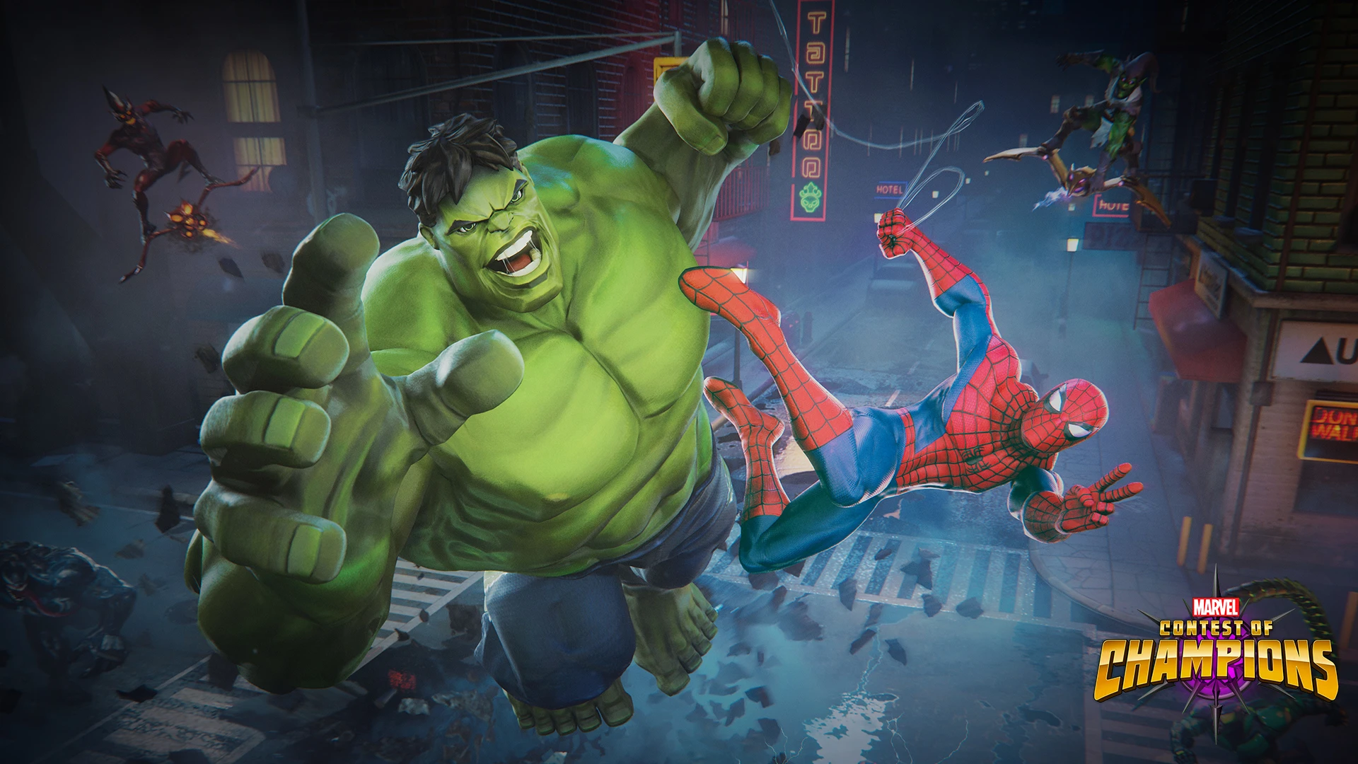 Gameplay screenshot of Marvel Contest of Champions showing a one-on-one superhero brawl between Iron Man and Wolverine in a cosmic arena