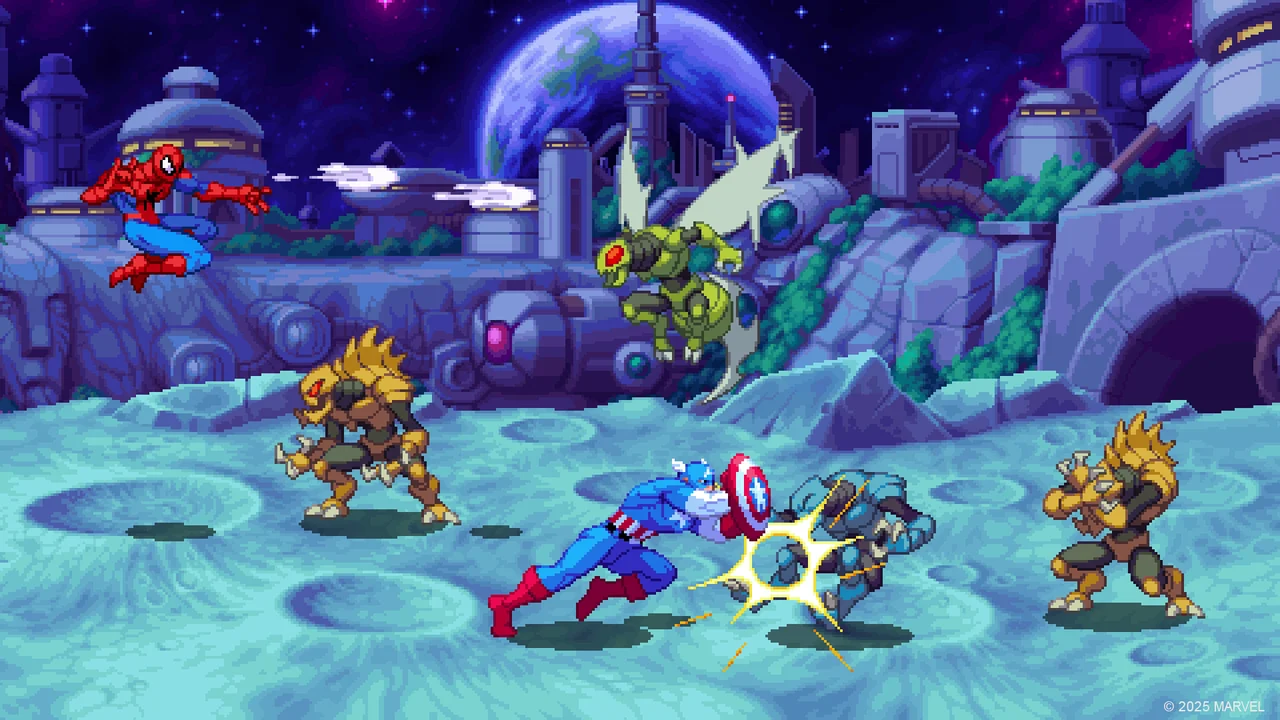 Gameplay screenshot of MARVEL Cosmic Invasion showing comic superhero brawlers fighting alien syndicate foes on a city street