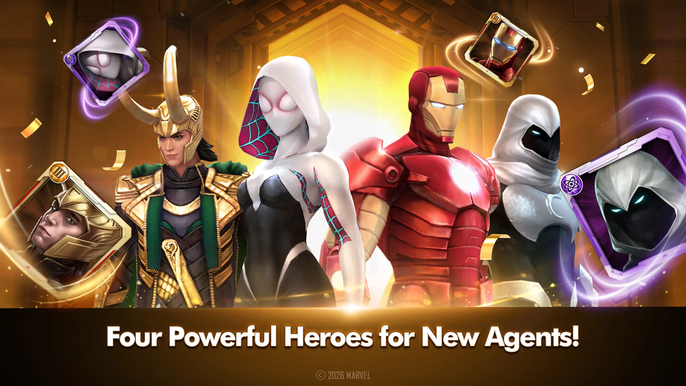 Gameplay screenshot of MARVEL Future Fight showing three superhero squad members clearing enemy waves in an action RPG mission