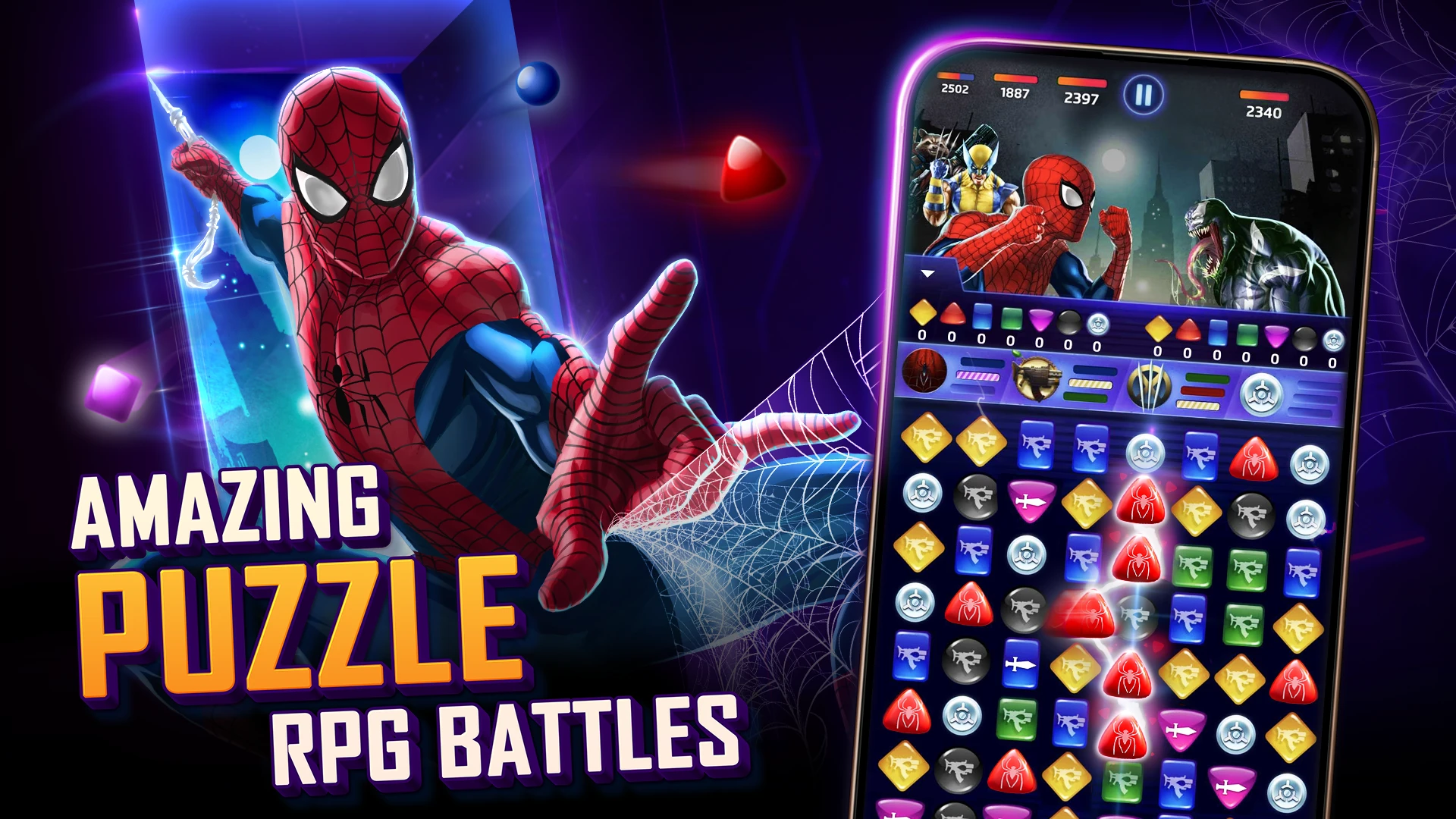 Gameplay screenshot of Marvel Puzzle Quest showing the match-3 puzzle board with character tiles and superhero power counters
