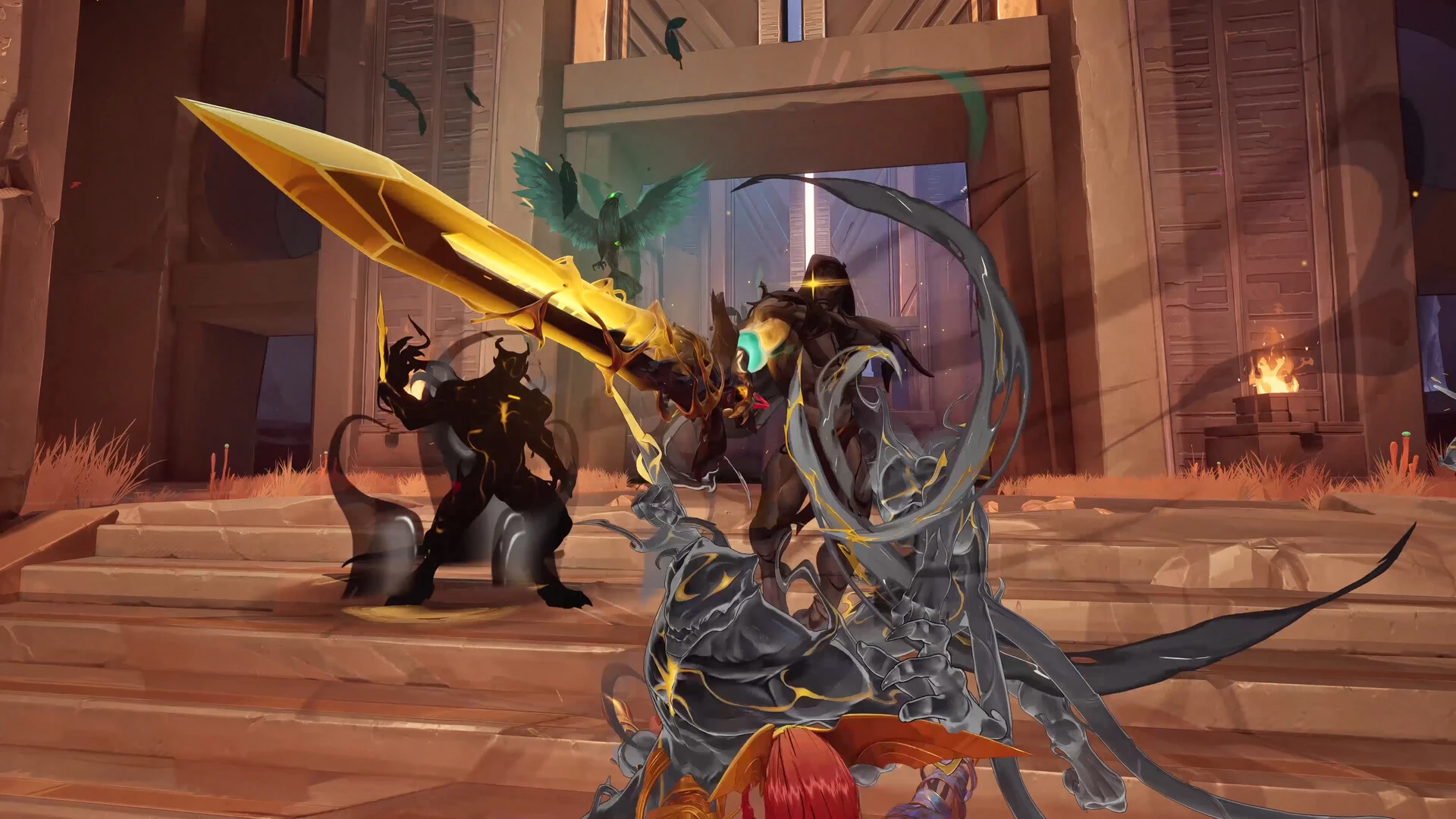 Gameplay screenshot of Marvel Rivals showing third-person team shooter action with superhero abilities and futuristic urban destruction