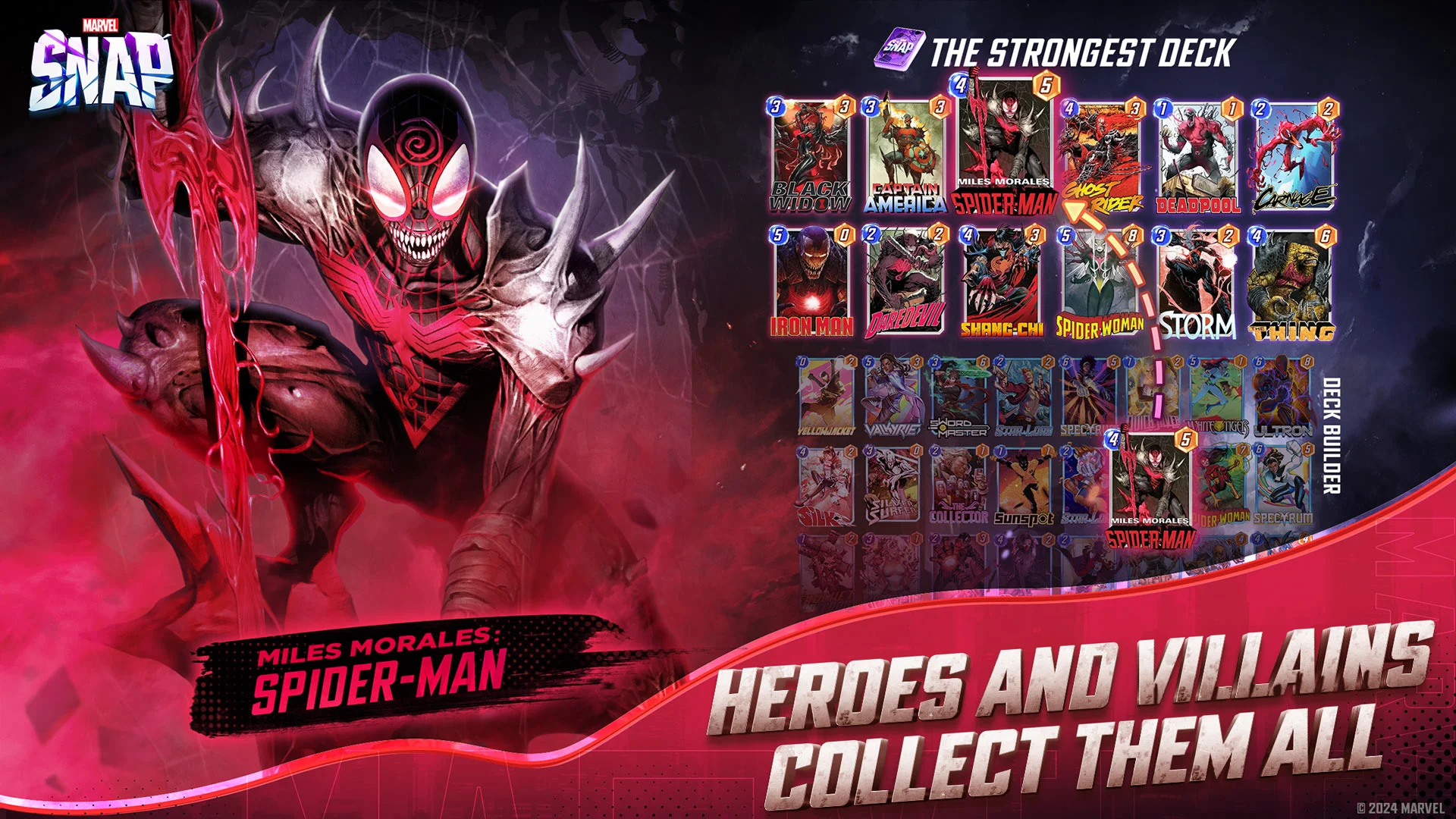 Gameplay screenshot of MARVEL SNAP showing the deckbuilder and hero card collection including Spider-Man and Captain America