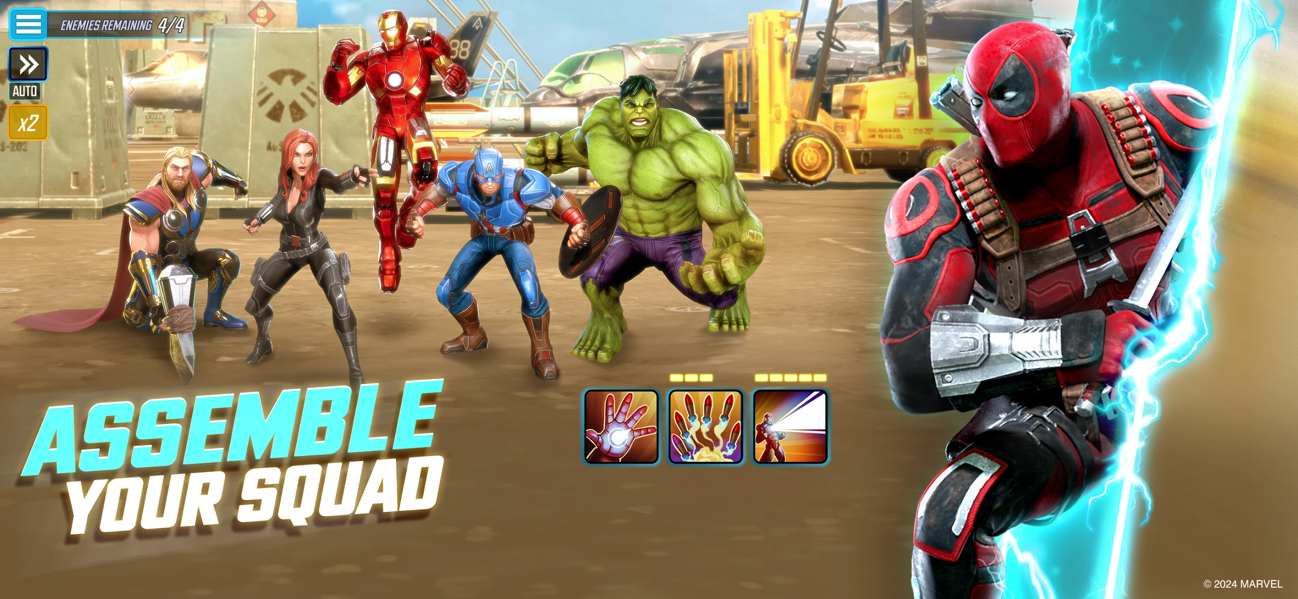 Turn-based squad combat in MARVEL Strike Force showing five superheroes facing off against enemy agents in a tactical battle