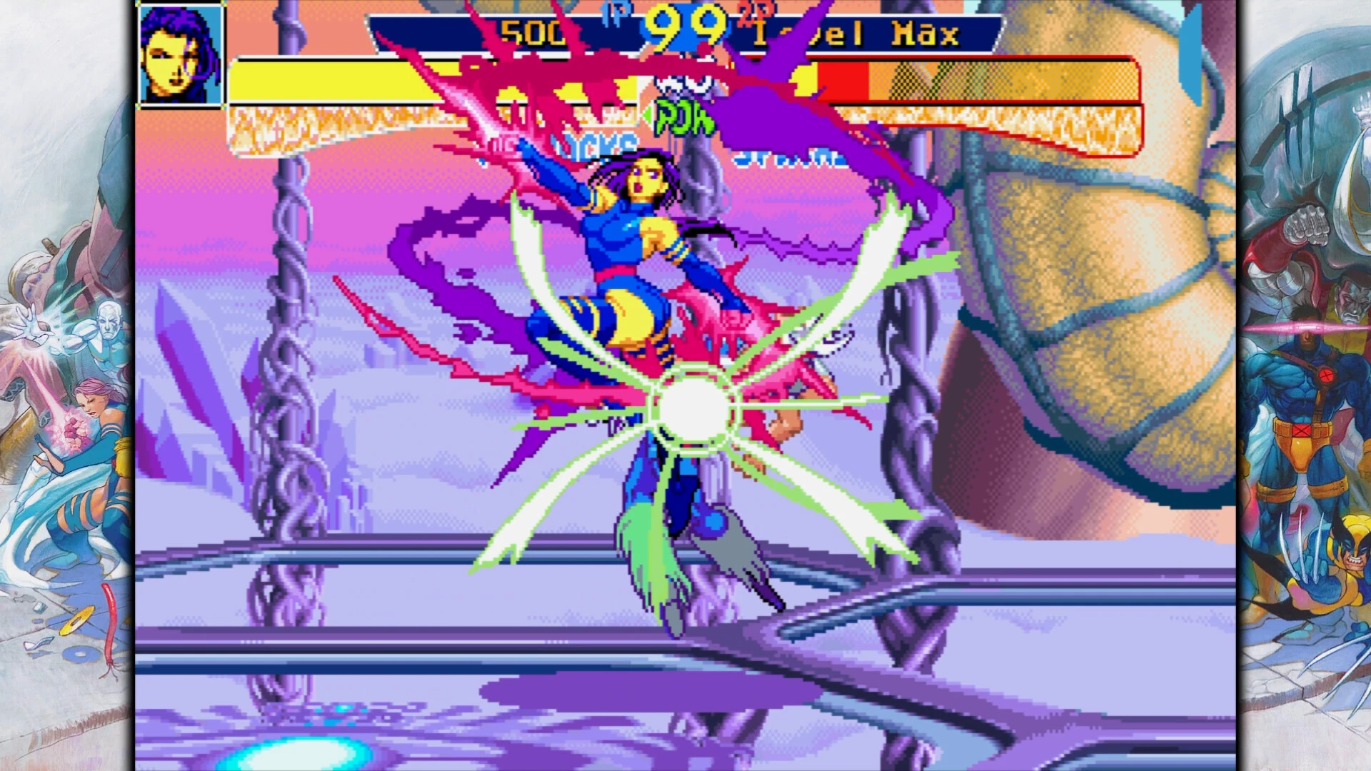 Gameplay screenshot of Marvel vs Capcom 2 in the Arcade Classics collection showing a tag-team brawl with super moves and colorful sprites