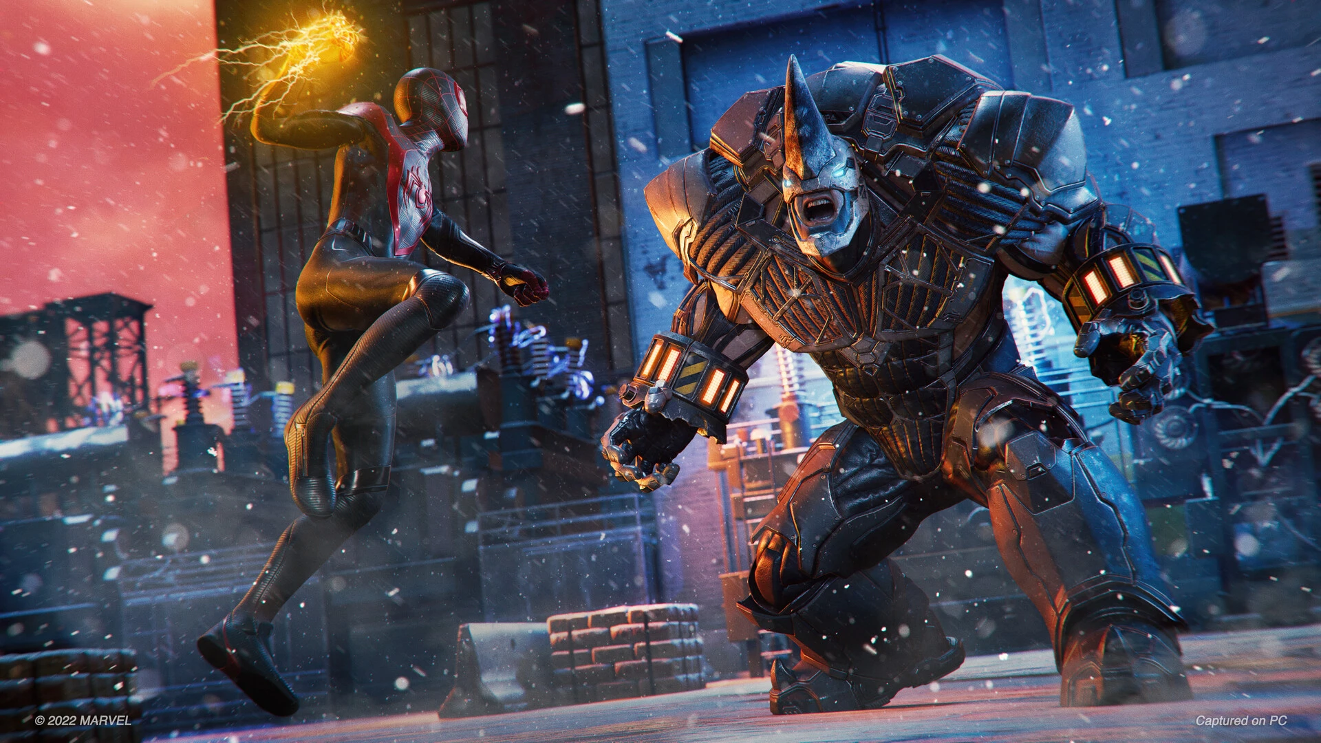 Miles Morales performing an acrobatic mid-air spin while swinging through snow-covered Harlem in Marvel's Spider-Man: Miles Morales