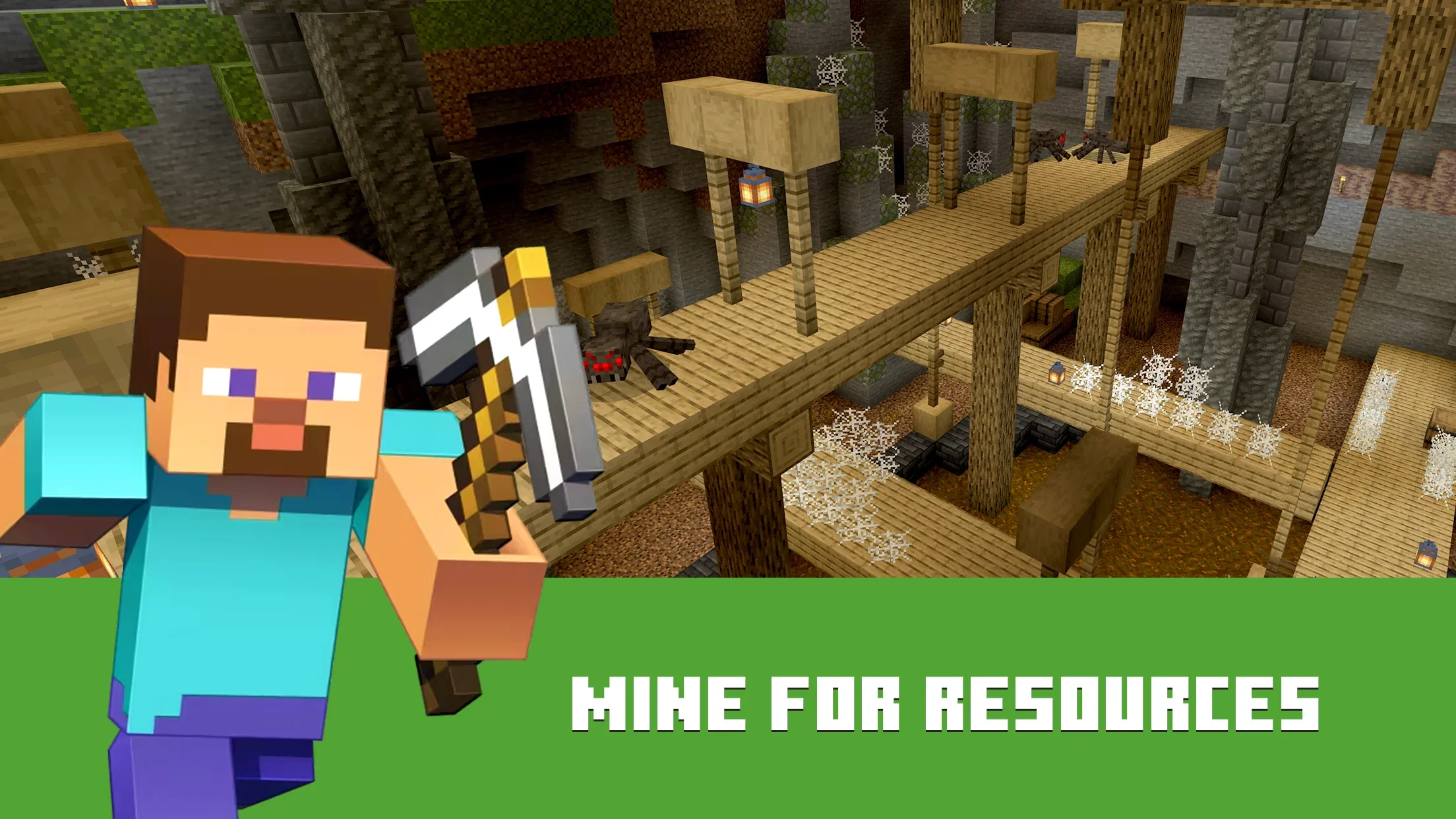 Minecraft gameplay showing a first-person perspective of a player overlooking blocky green hills, trees, and stone mountains