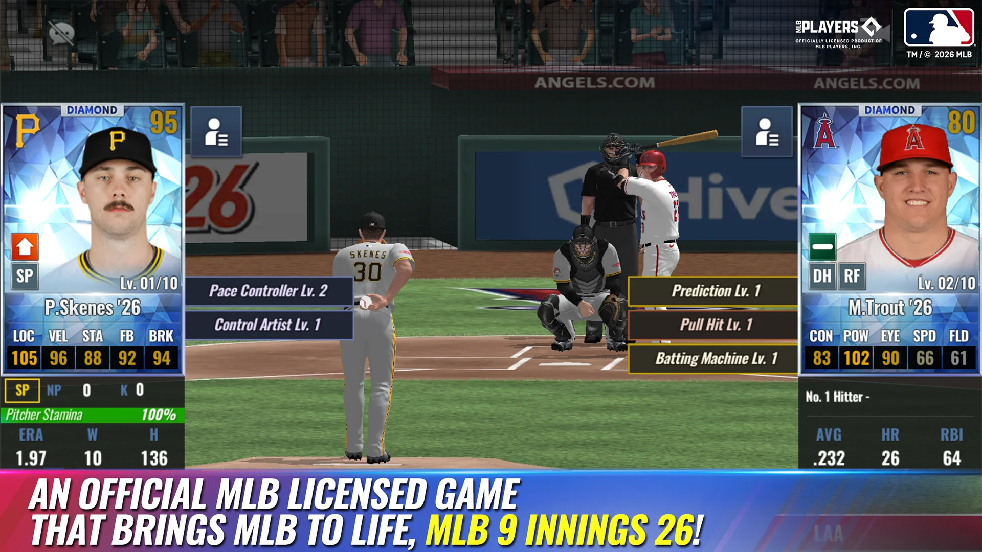 Gameplay screenshot of MLB 9 Innings showing batter pitch timing and realistic stadium broadcast