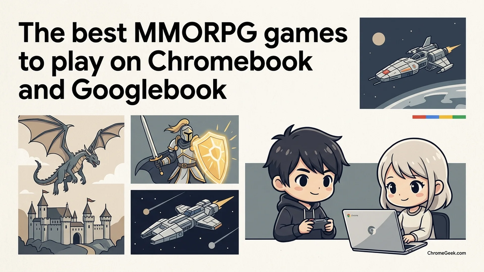 Editorial illustration of MMORPG games on Chromebook and Googlebook featuring anime mascots, fantasy dragons, armored paladins, and starships