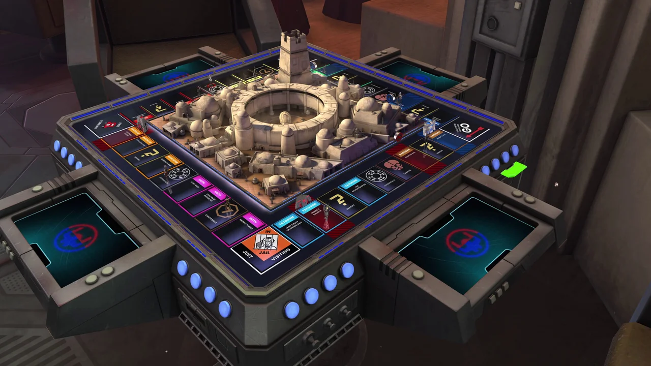 Team-based 3D digital board game diorama with Star Wars hero character powers in Monopoly: Star Wars Heroes vs. Villains