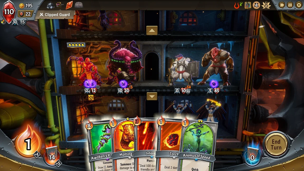 Gameplay screenshot of Monster Train showing three vertical train floors defending the burning Pyre with played cards