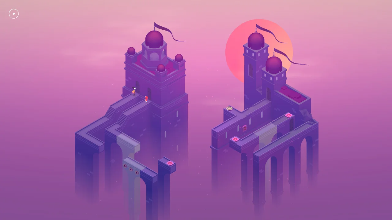 Monument Valley 2 gameplay showing Ro and her child walking along impossible isometric purple architecture with grand domes and arches