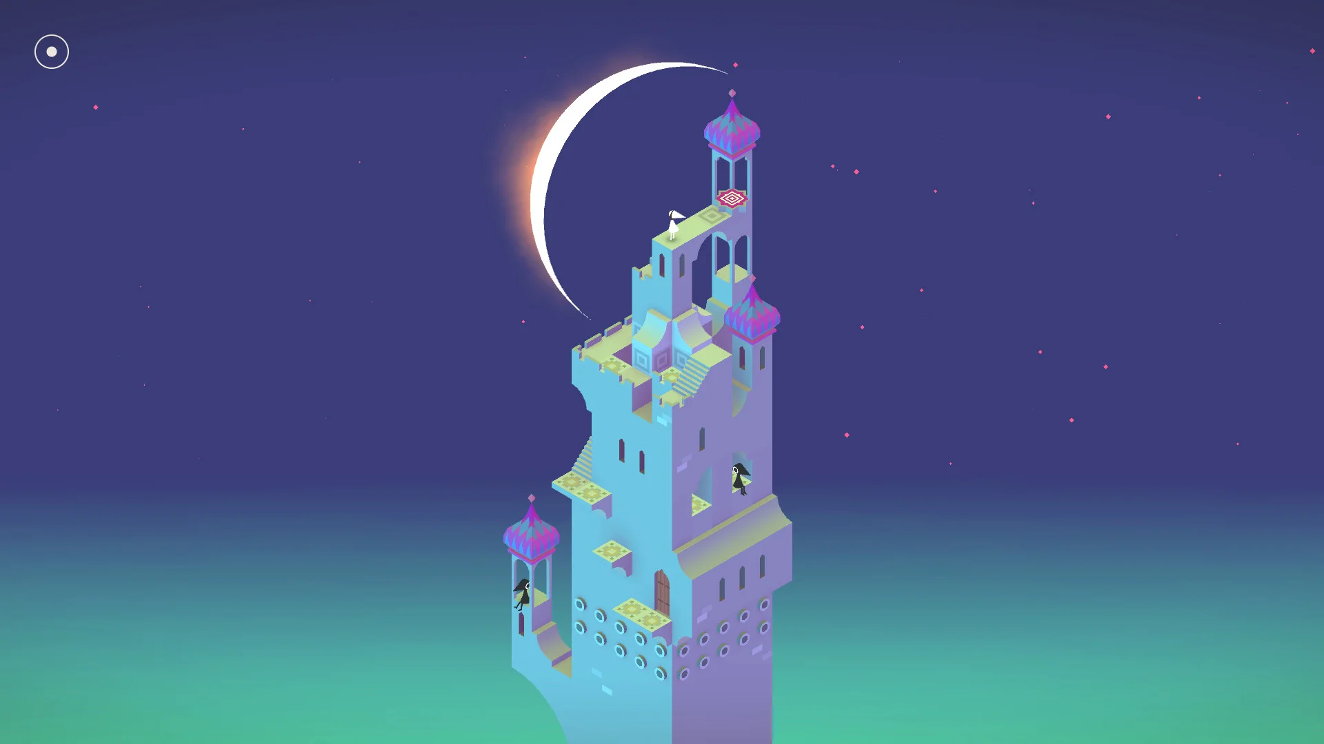 Monument Valley gameplay showing Ida walking along impossible pastel-colored isometric arches and geometric towers