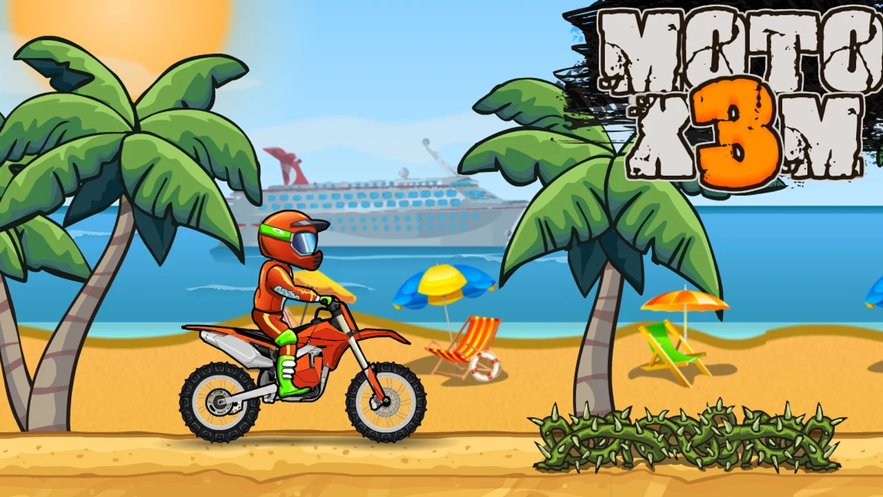 Moto X3M stunt motorcyclist jumping over exploding TNT barrels and hazard spikes