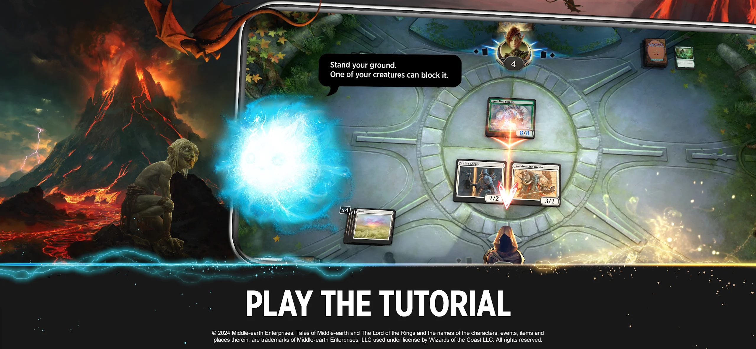 Gameplay screenshot of Magic: The Gathering Arena showing creature combat and blockers on the battlefield circle