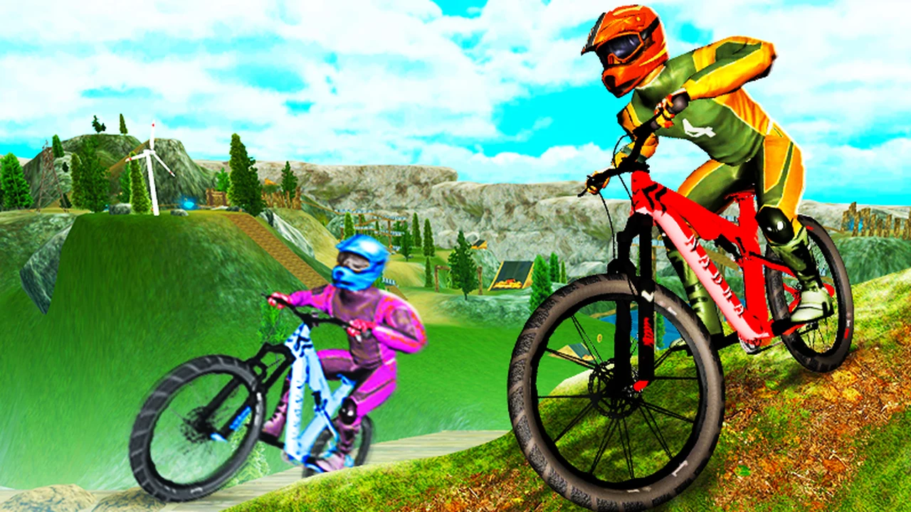 MX Offroad Master mountain bike rider hurtling down a steep rocky downhill trail