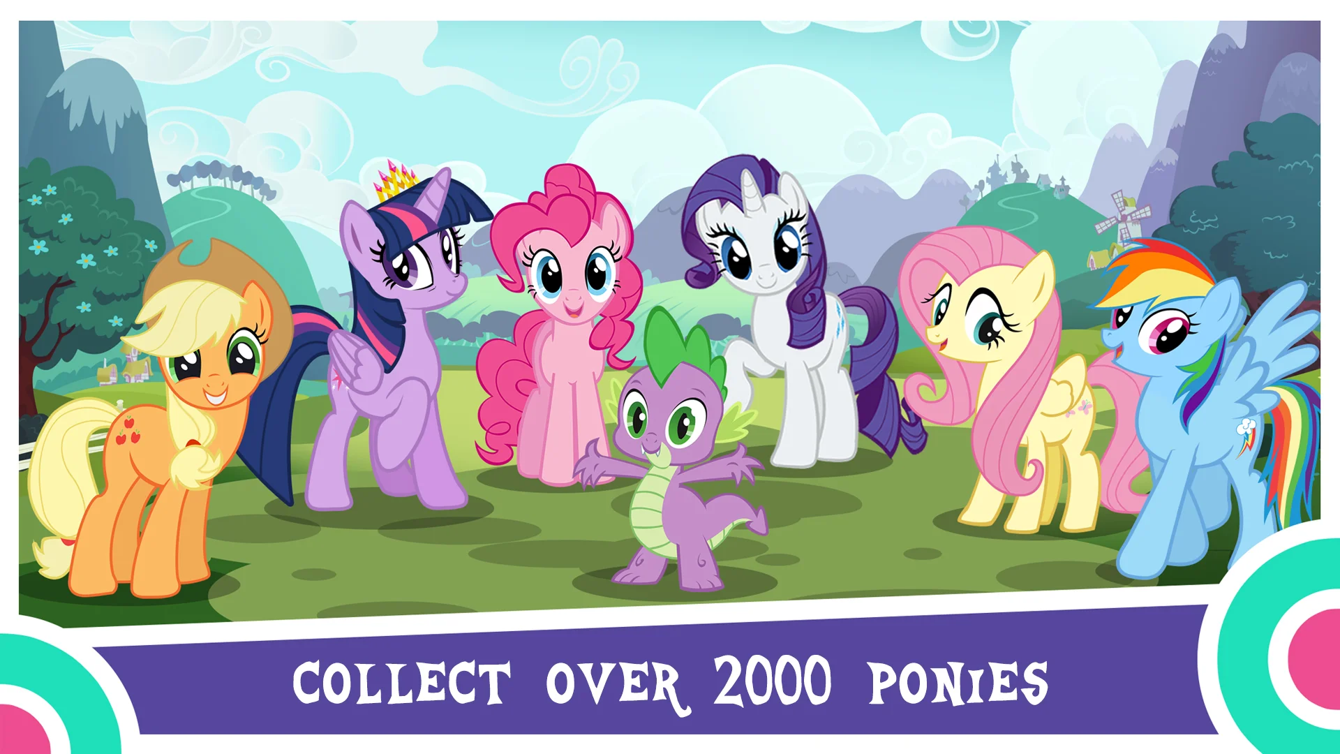 The Mane Six ponies and Spike gathered on the green hills of Equestria with Canterlot castle visible in the distant mountains