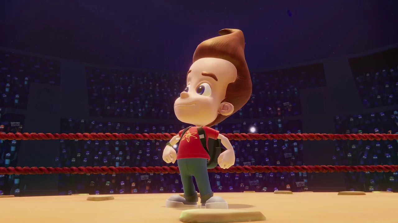 SpongeBob and Danny Phantom fighting across colorful floating platforms in Nickelodeon All-Star Brawl 2