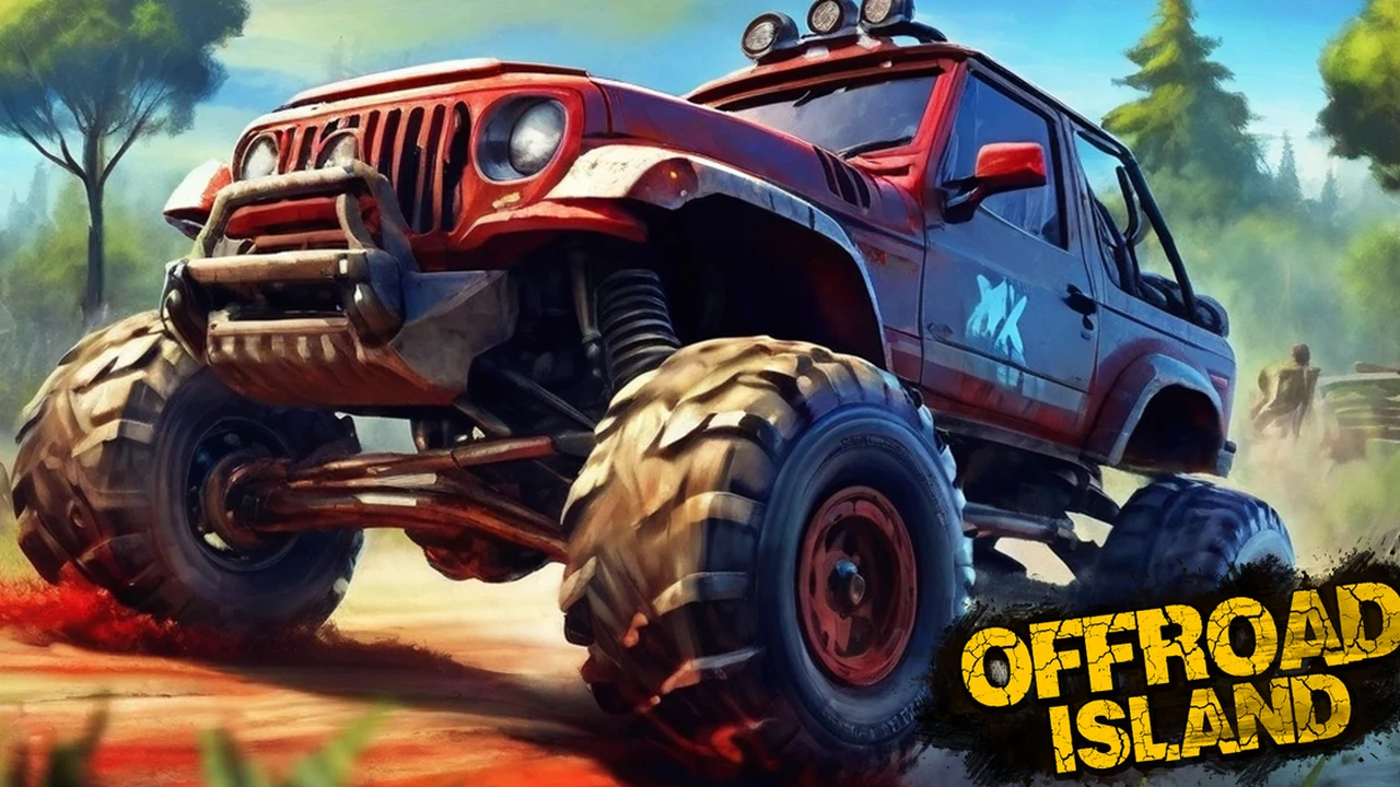 Offroad Island 4x4 off-road truck climbing rocky mud trails in open wilderness