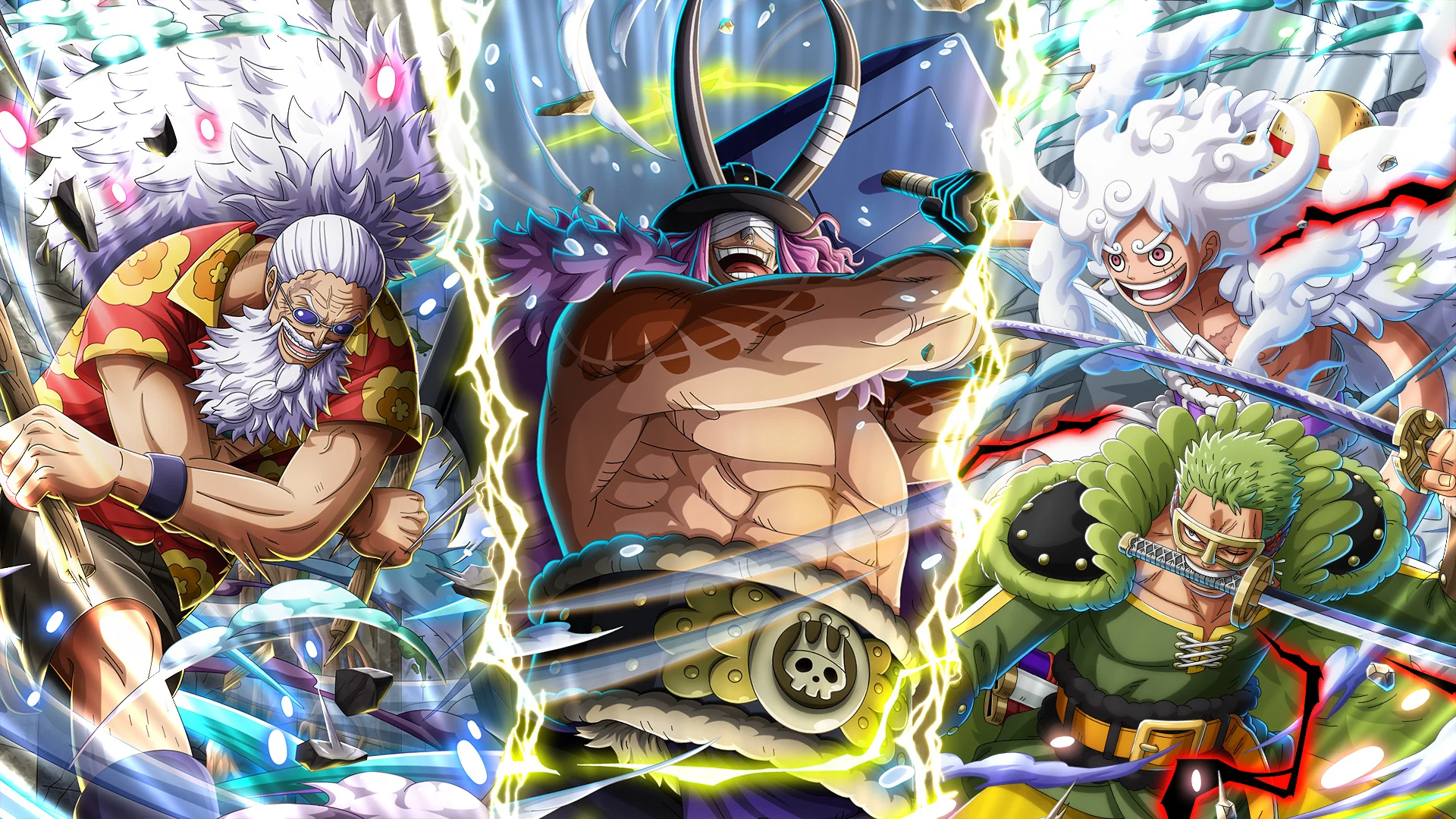Gameplay screenshot of One Piece Treasure Cruise displaying anime turn-based tap battles and pirate crew status
